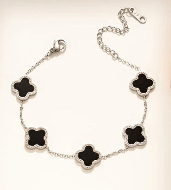 Silver and black shell clover O-chain bracelet