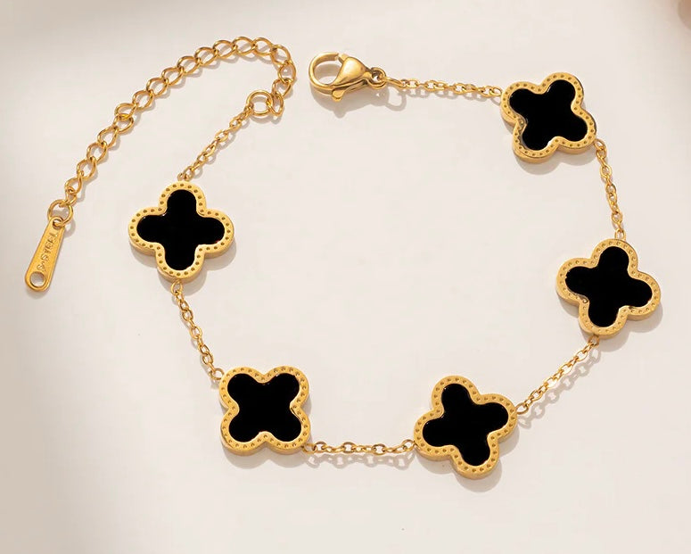 Gold and black shell clover O-chain bracelet