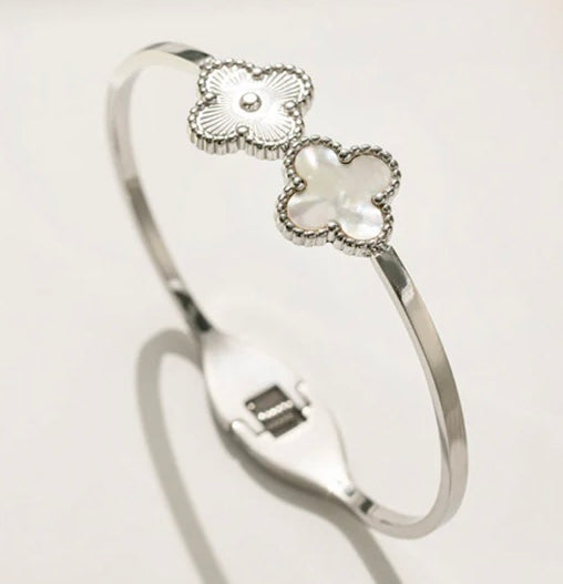 Silver and white two-tone clover bracelet